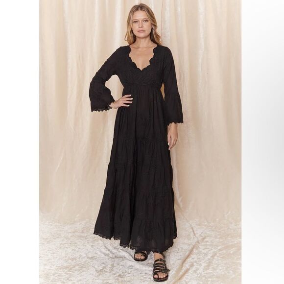 Anthropologie x Raga Black Jaya Floral Embroidered Maxi Dress Size Small